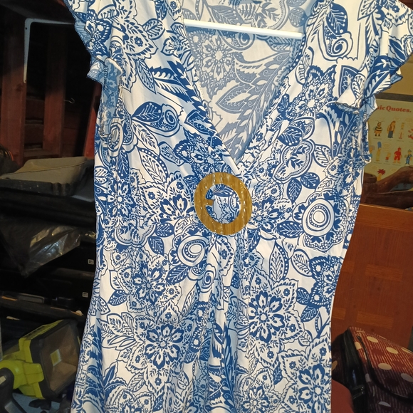 Blue and White Ruffled Embellished Blouse - Picture 1 of 2